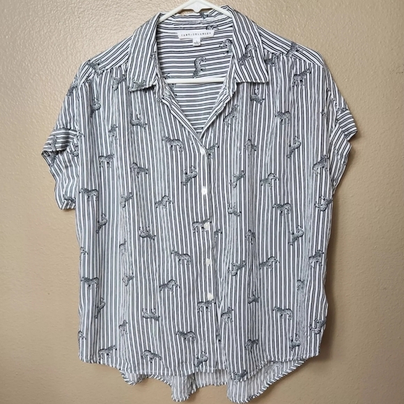 Jane + Delancey Womens Black/White Striped Zebra Print Short Sleeve Shirt-Size L - Picture 1 of 7